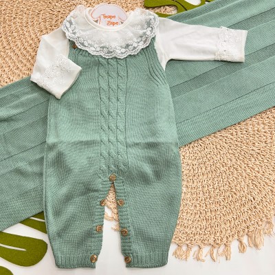 Saída de Maternidade Sam - Verde Menta Gola Renda Cintilante